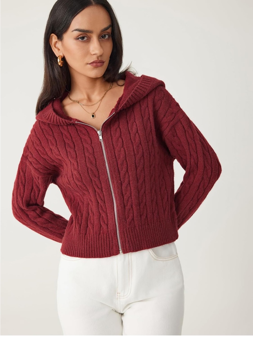 NWT CIDER Burgundy Zip Up Hoodie Cardigan Cable Knit Long Sleeve Knit Sweater